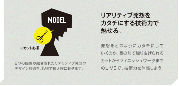 2つの感性が融合されたリアリティブ発想のデザイン技術をLIVEで最大限に魅せます。 リアリティブ発想をカタチにする技術力で魅せる。 発想をどのようにカタチにしていくのか。目の前で繰り広げられるカットからフィニッシュワークまでのLIVEで、技術力を体感しよう。