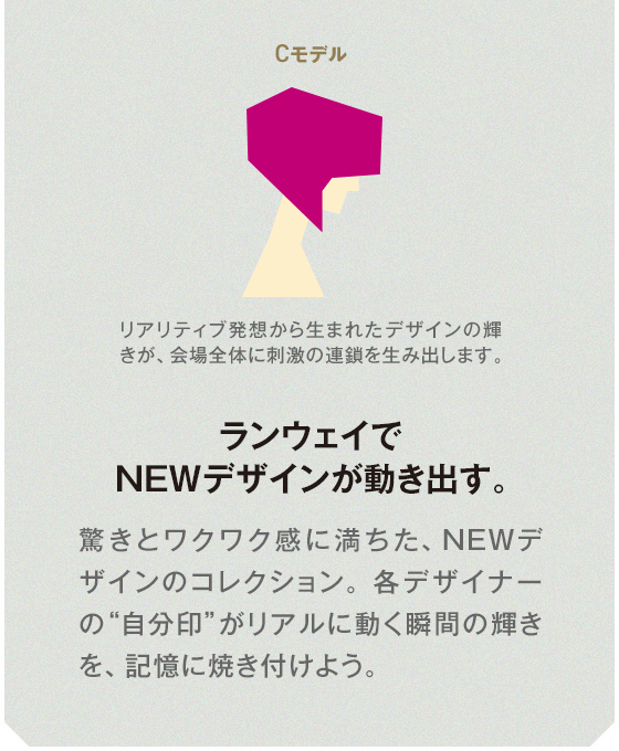 Cモデル リアリティブ発想から生まれたデザインの輝きが、会場全体に刺激の連鎖を生み出します。 ランウェイでNEWデザインが動き出す。 驚きとワクワク感に満ちた、NEWデザインのコレクション。各デザイナーの“自分印”がリアルに動く瞬間の輝きを、記憶に焼き付けよう。