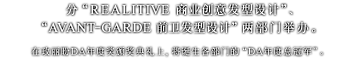 分“REALITIVE 商业创意发型设计”、“AVANT-GARDE 前卫发型设计”两部门举办。在玫丽盼DA年度奖颁奖典礼上，将诞生各部门的“DA年度总冠军”。